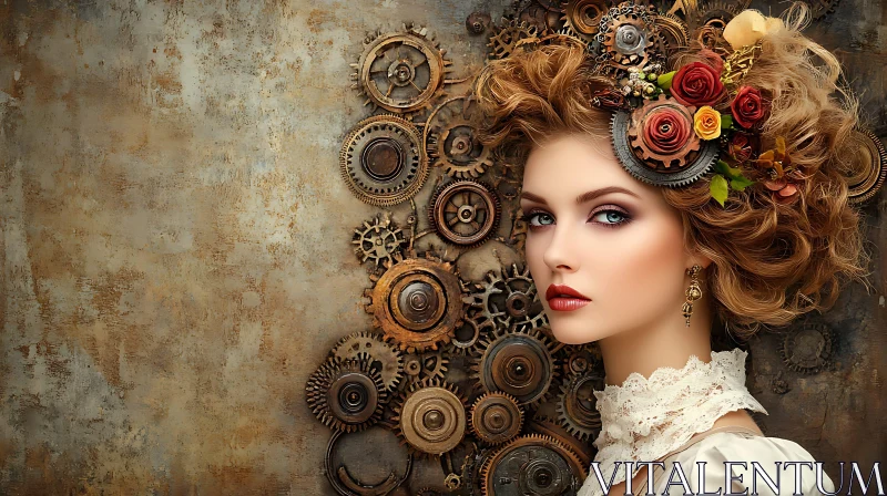 AI ART Vintage Steampunk Woman with Floral Gear Hairstyle