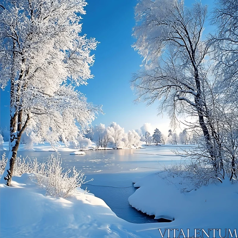 Snow-Covered Trees Surrounding a Frozen Lake AI Image