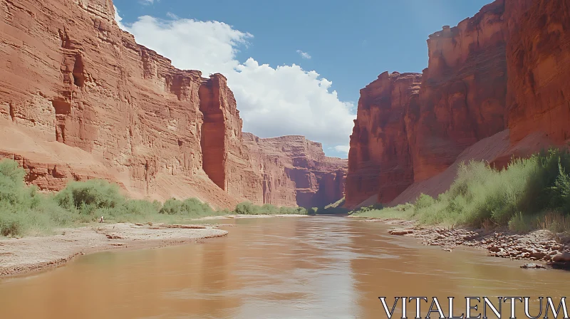 Stunning red cliffs and a winding river in a majestic canyon AI Image