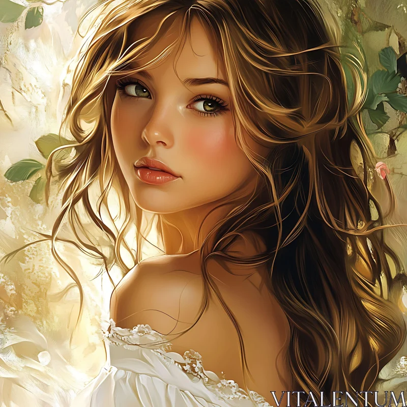 Beautiful Woman with Flowing Hair and Floral Background AI Image