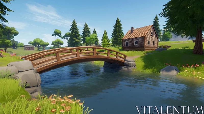 Idyllic Nature Landscape with Bridge and Cabin AI Image