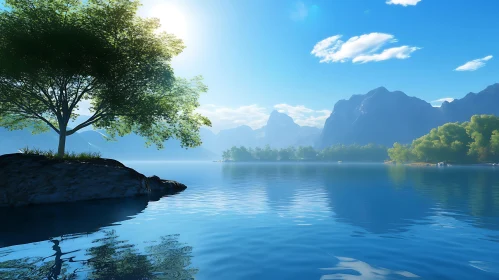 Peaceful Lake Scene with Tree and Mountain Reflections