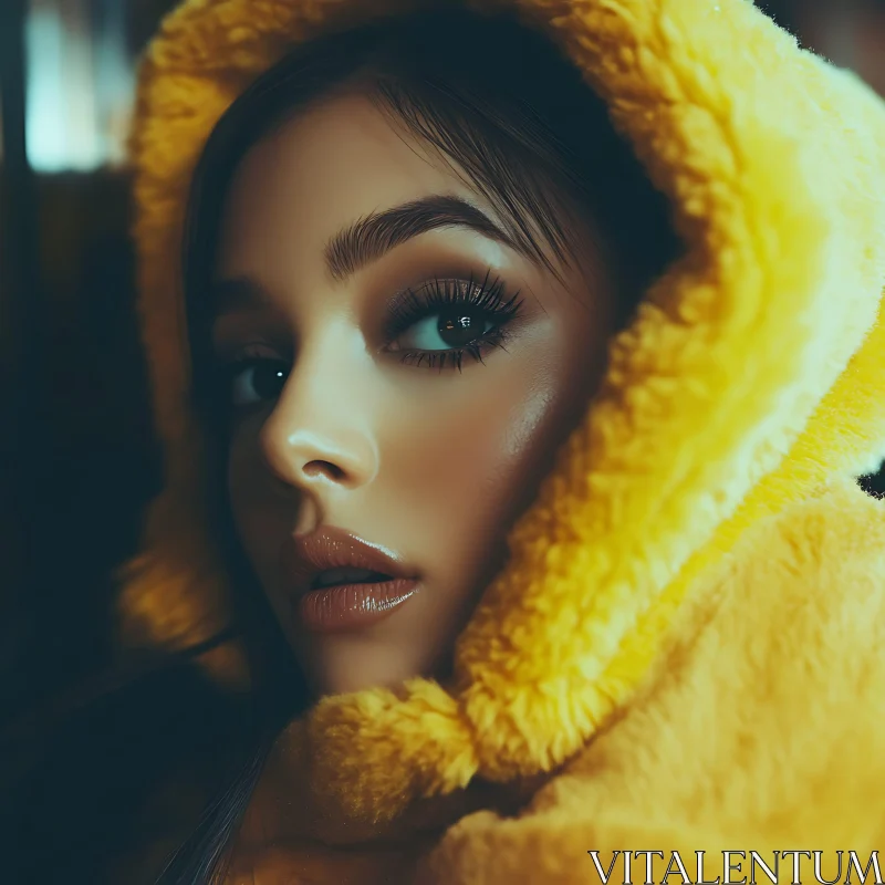 Woman in Yellow Hood Close-up AI Image