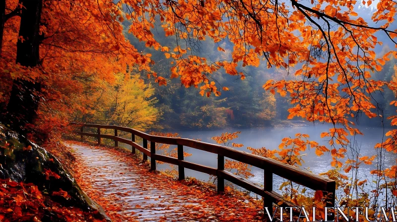 Serene Autumn Landscape with Pathway and Lake AI Image