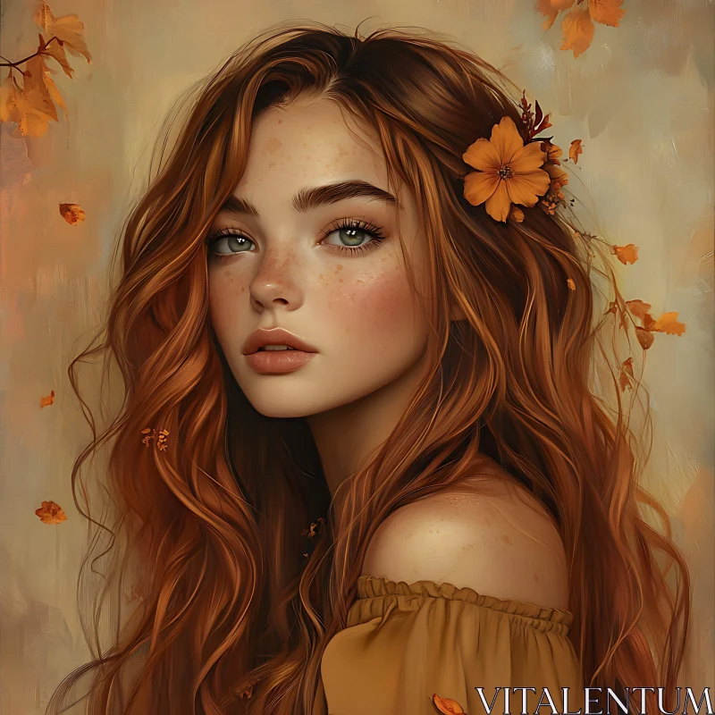 Autumn Lady with Ginger Hair and Floral Adornments AI Image