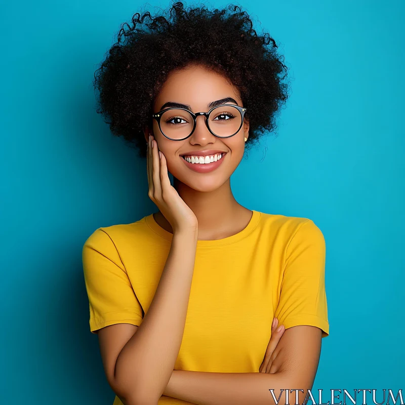 Smiling Woman with Glasses and Curly Hair AI Image