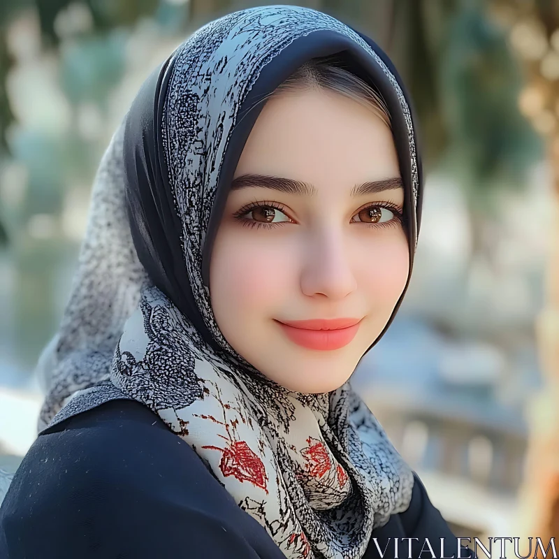 Serene Outdoor Portrait of a Smiling Woman in Hijab AI Image