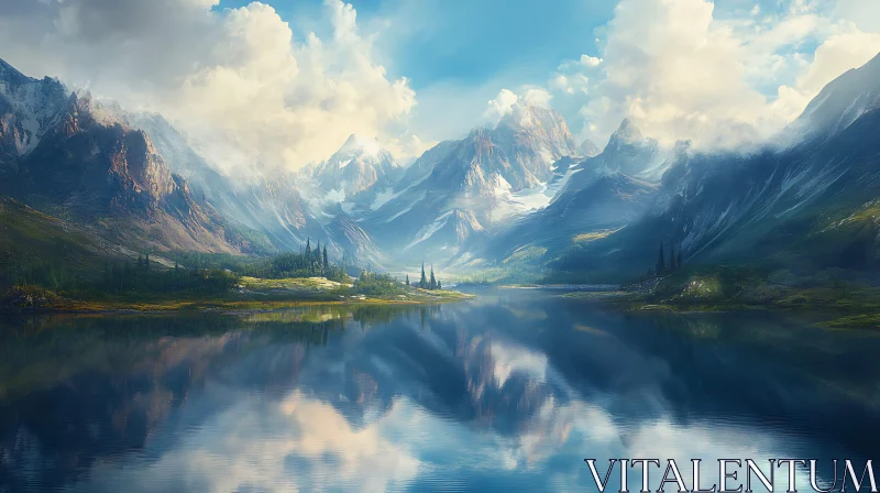 Majestic Mountain Lake with Clear Reflection AI Image