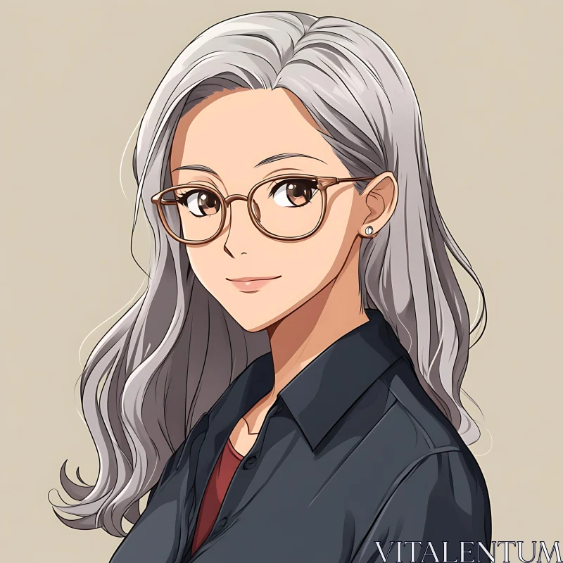 Anime Woman with Glasses and Silver Hair AI Image