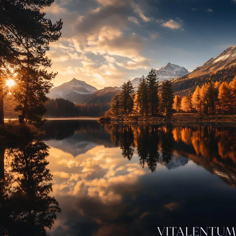 Majestic Sunset Over Tranquil Lake Amidst Autumn Forest AI Image