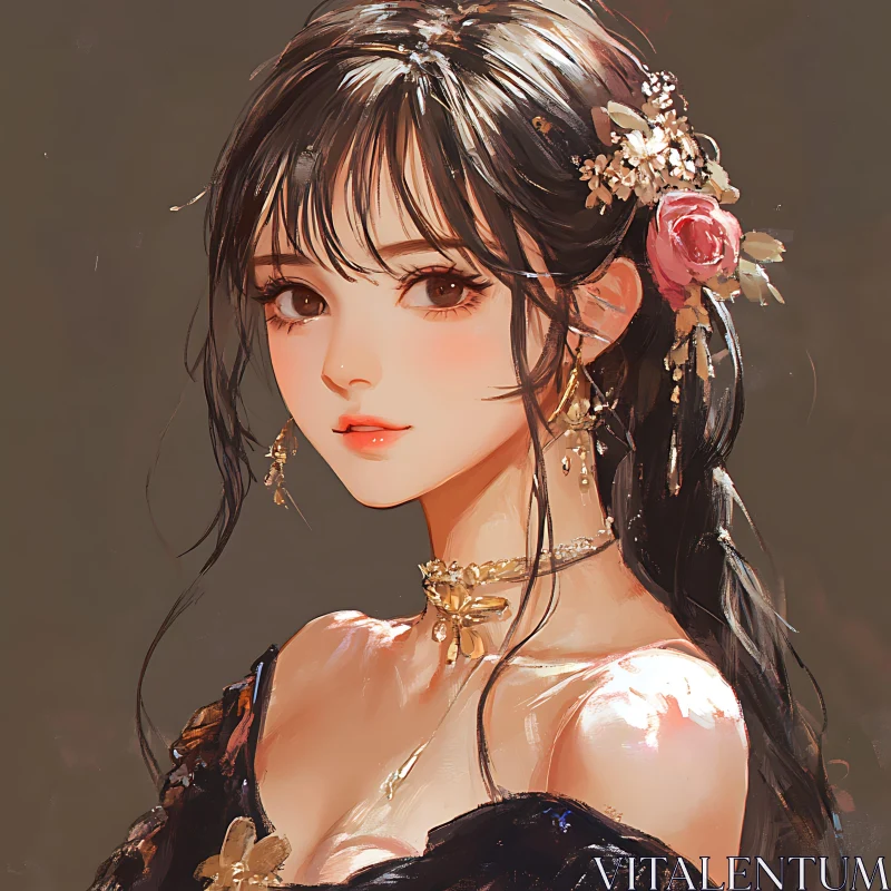 AI ART Graceful Anime Character with Floral Hair Accessories