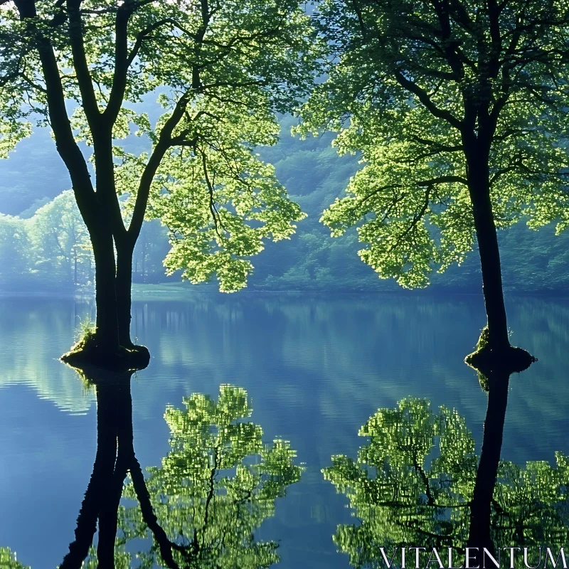 Peaceful Lake Scene with Reflective Nature AI Image