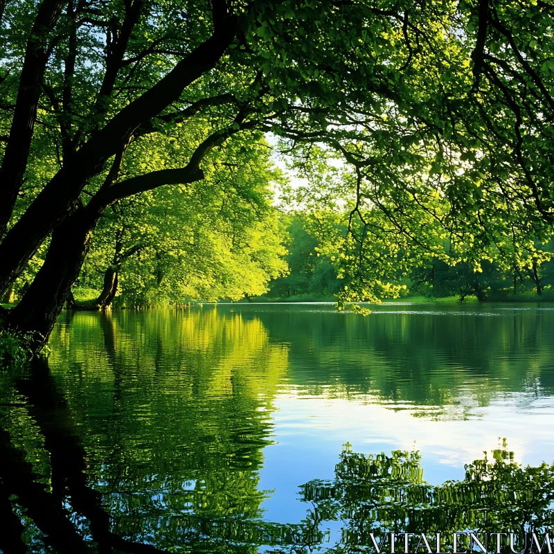 Peaceful Waters Surrounded by Greenery AI Image