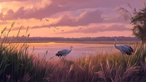 Peaceful Sunset Lake with Cranes and Birds