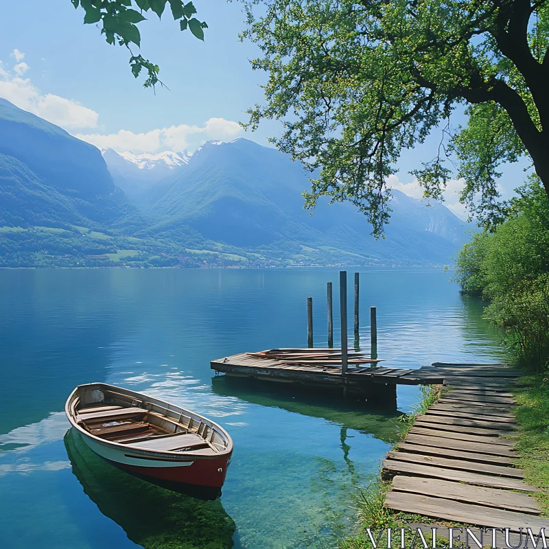 Peaceful Mountain Lake with Wooden Dock AI Image