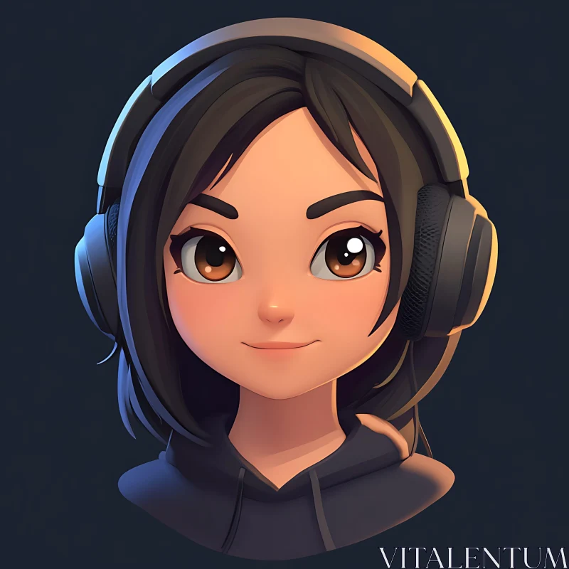 Cartoon Portrait of a Girl with Headphones AI Image