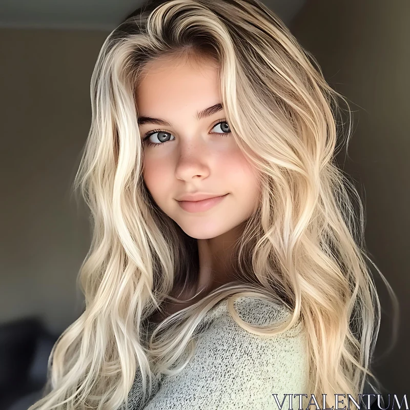 Portrait of a Young Blonde Woman in Soft Light AI Image