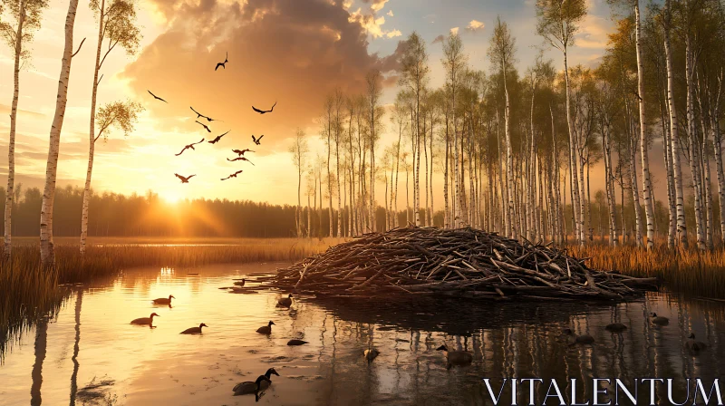 Golden Hour in a Peaceful Birch Forest by the Lake AI Image