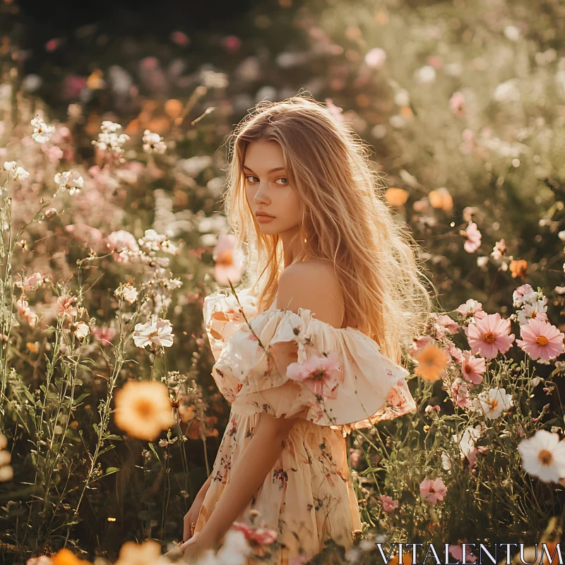 Young Woman Amidst Summer Blossoms AI Image