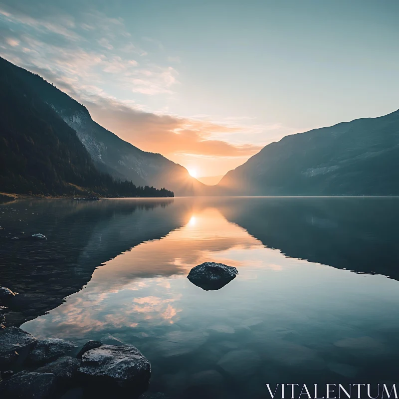 Peaceful Sunset Over Mountain-Framed Lake AI Image