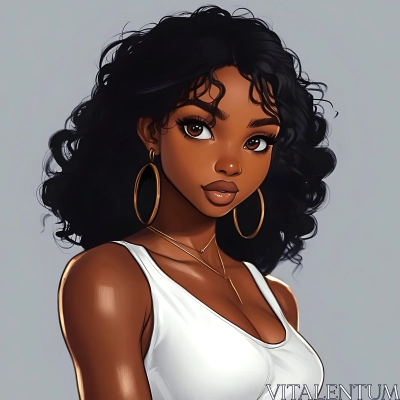 Anime Woman with Curly Hair and Hoop Earrings AI Image