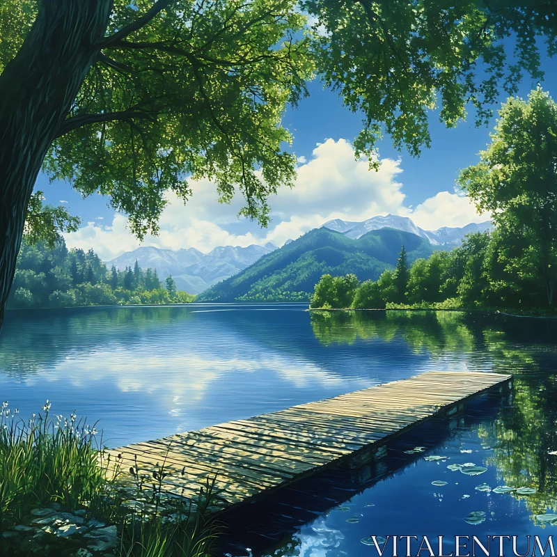 Peaceful Lake with Dock and Mountain View AI Image