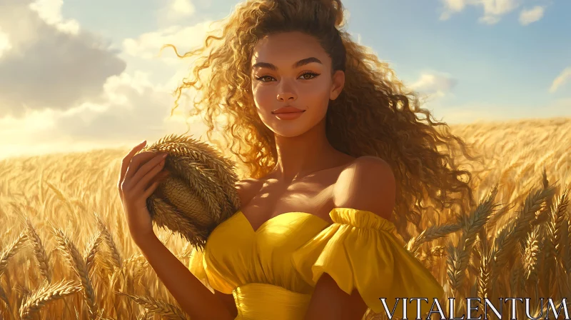 Golden Wheat Field and a Woman in Yellow Dress AI Image