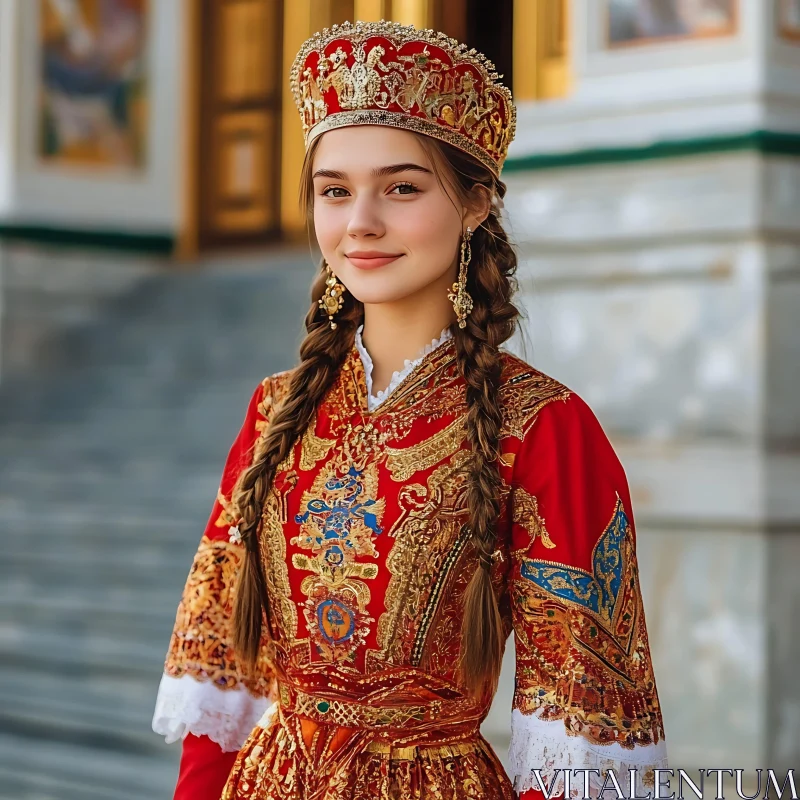 Young Woman in Ornate Traditional Attire AI Image