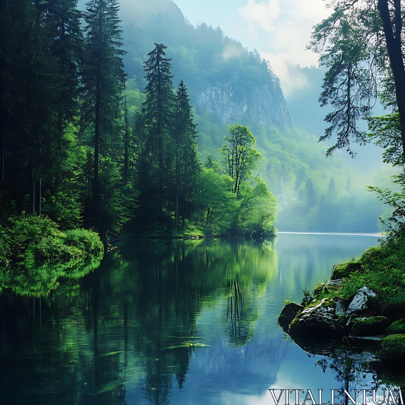 Serene Lake Reflection with Misty Forest AI Image