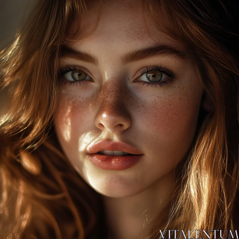 Freckled Redhead Woman Portrait Close-up AI Image