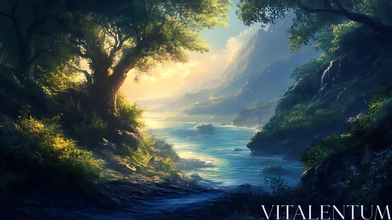 Serene Nature Scene with Lake and Sunlight AI Image