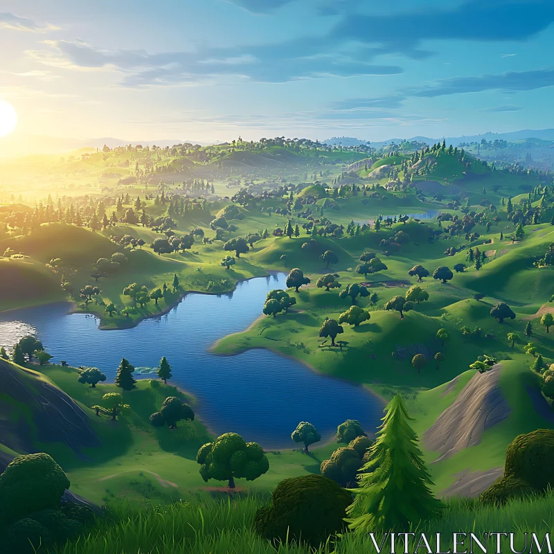 Sunset Over Rolling Hills and a Serene River AI Image