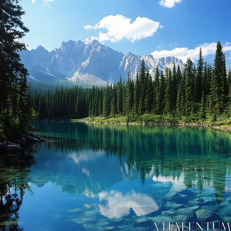 Serene Lake with Reflective Waters and Mountain View AI Image