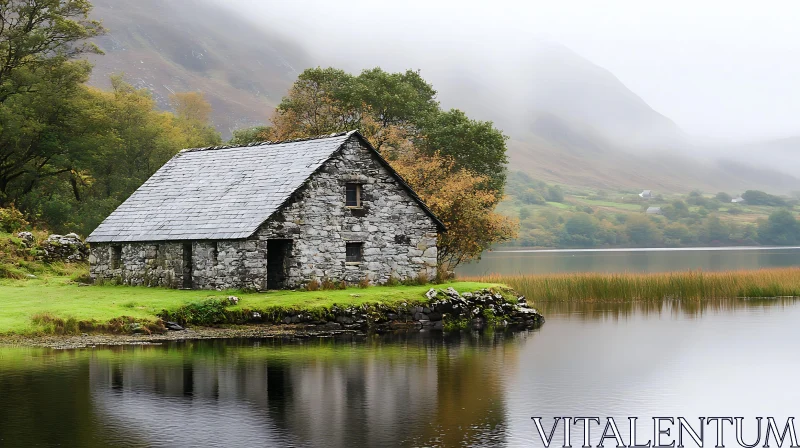 Tranquil Cottage by Mountain Lake AI Image