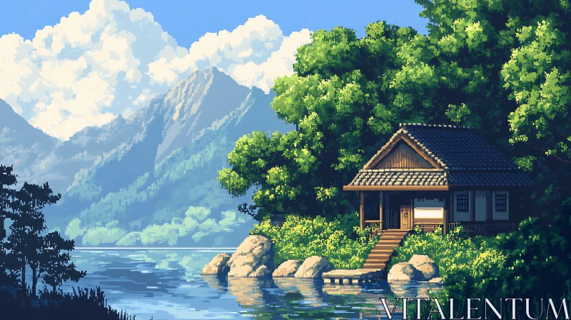 Tranquil Lakeside Cabin with Mountain Backdrop AI Image