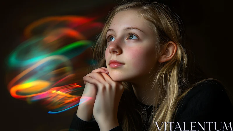 Contemplative Young Girl with Colorful Light Wisps AI Image