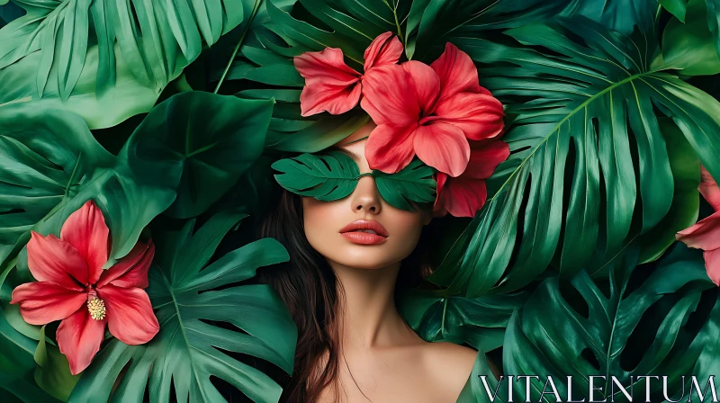 Tropical Beauty Surrounded by Lush Greenery and Flowers AI Image