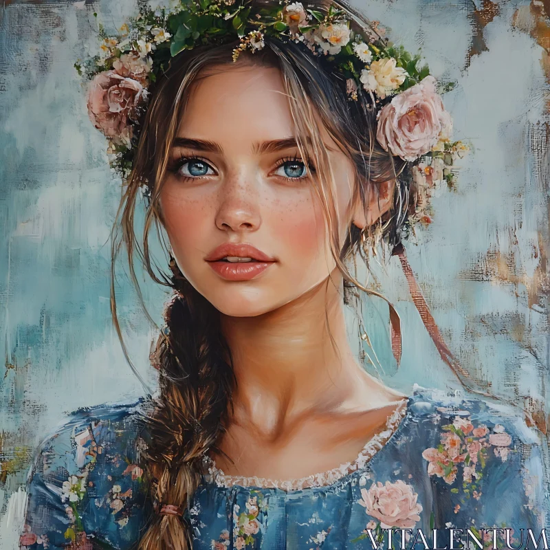 Ethereal Woman with Blue Eyes and Flower Crown in Braided Hair AI Image