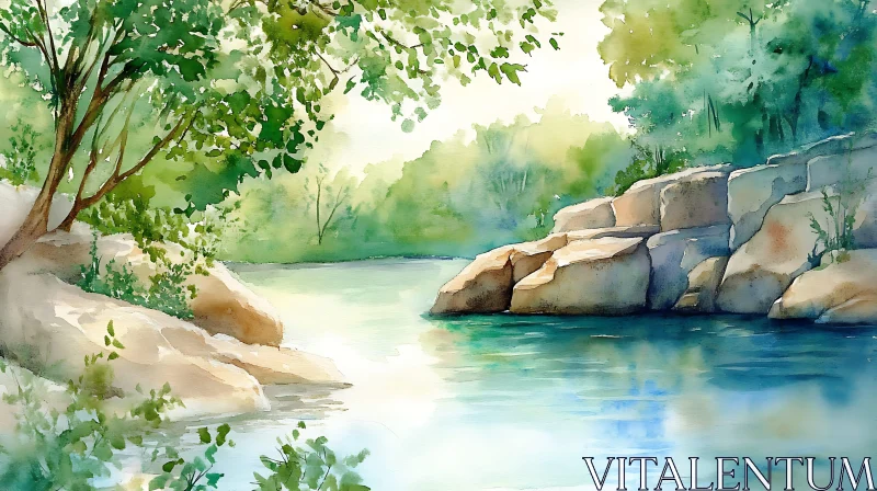 AI ART Peaceful Riverbank Watercolor Art