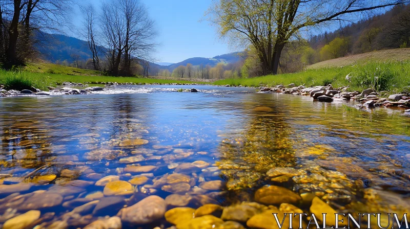 Peaceful River Scene with Trees and Mountains AI Image