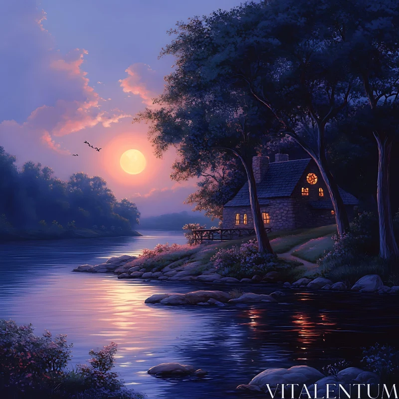 Serene Night Landscape with Moonlit River AI Image