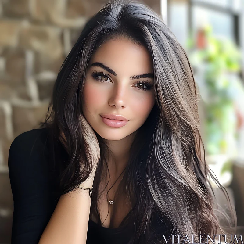 Gorgeous Woman with Long Hair and Soft Gaze AI Image