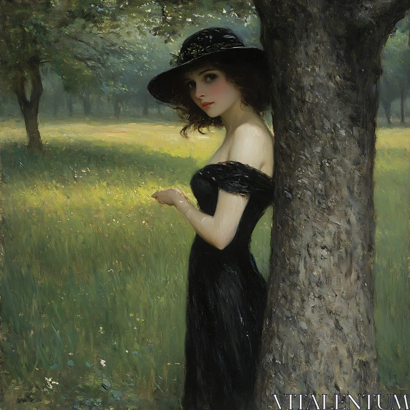 Woman in Black Dress Under Tree AI Image