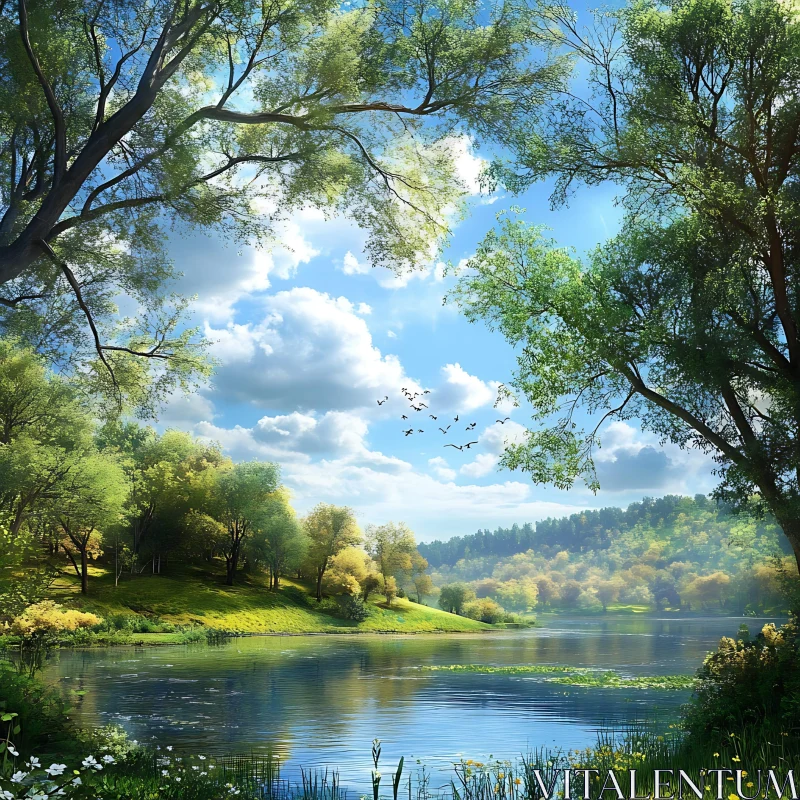 Peaceful Lake with Trees and Birds in the Sky AI Image