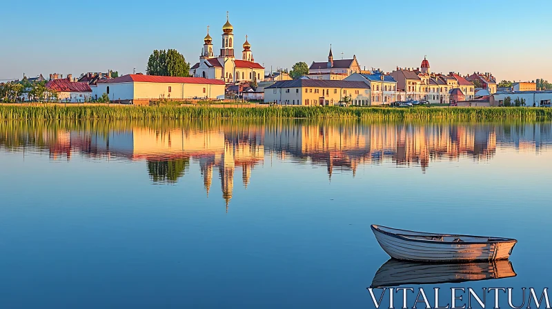 Peaceful Village by a Lake with Church and Boat AI Image