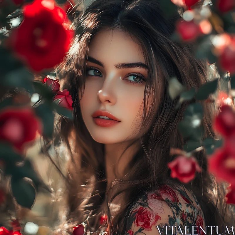 Serene Woman Among Red Roses AI Image