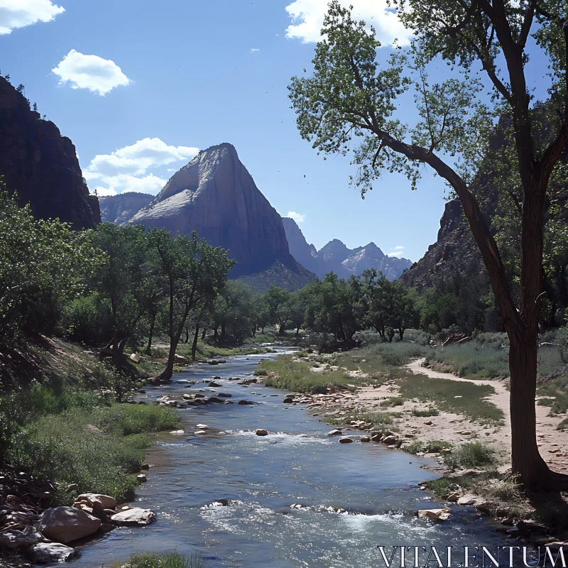 Serene Nature Landscape with Flowing River and Mountains AI Image