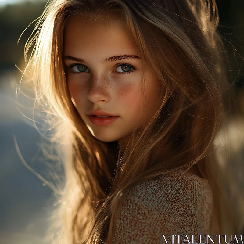 Sunlit Portrait of a Freckled Young Woman AI Image