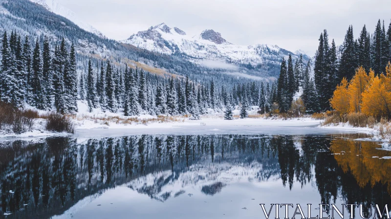 AI ART Peaceful Winter Scenery with Snowy Mountains and Reflective Lake