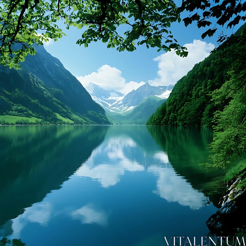 Serene Alpine Landscape with Crystal Clear Lake AI Image